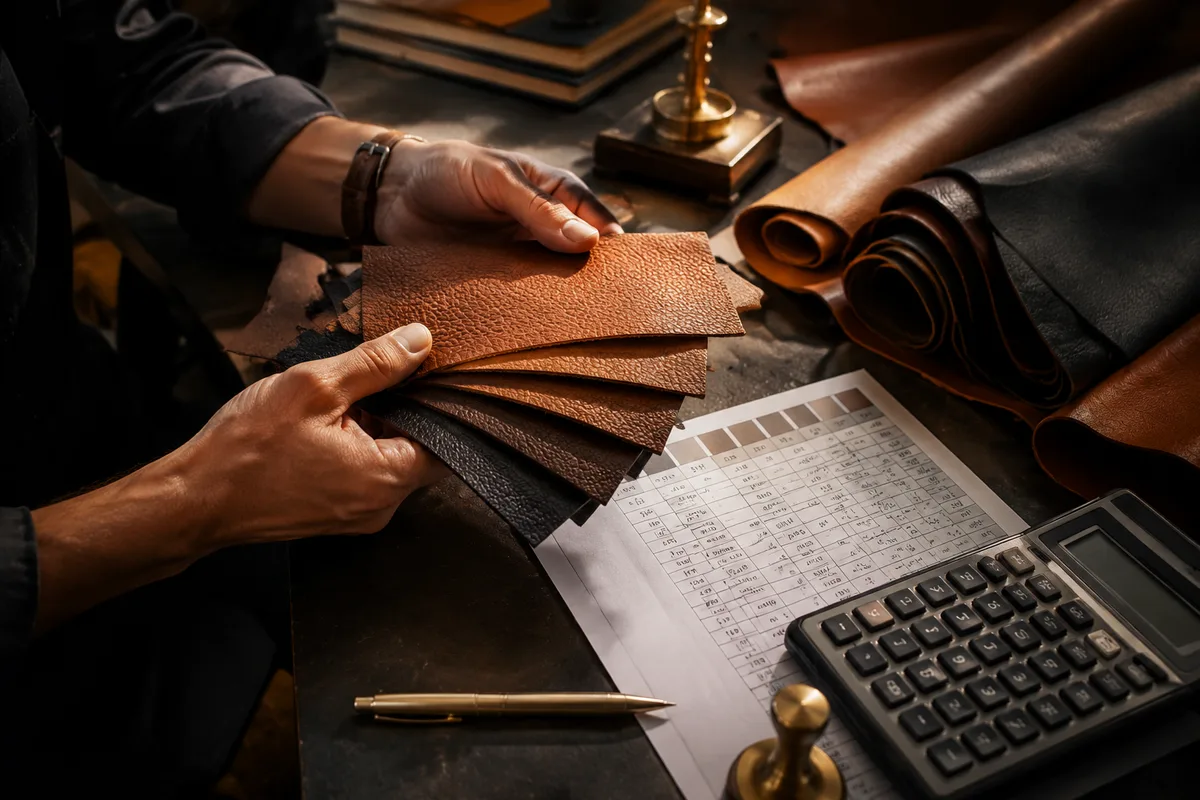 Leather hide swatches, zippers, and hardware representing the material and costing stage