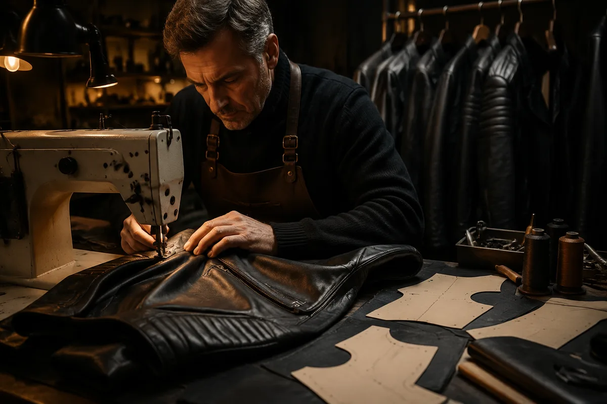 Industrial leather sewing machine stitching a jacket panel representing sample development