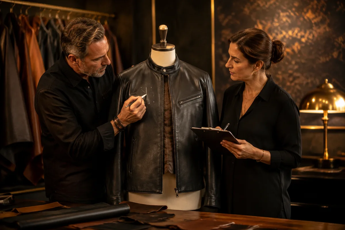 Leather jacket sample on a dress form with measuring tape representing revision and approval