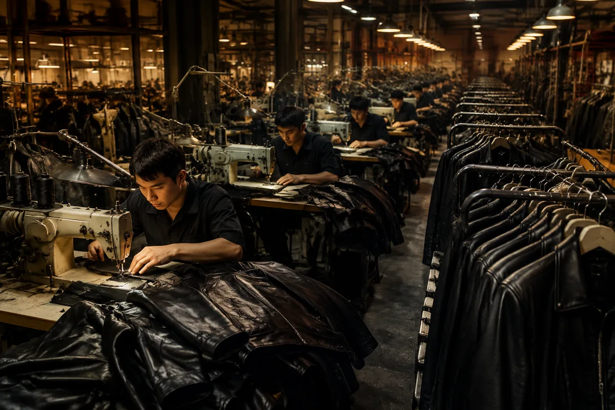 Industrial leather sewing workstations representing bulk production