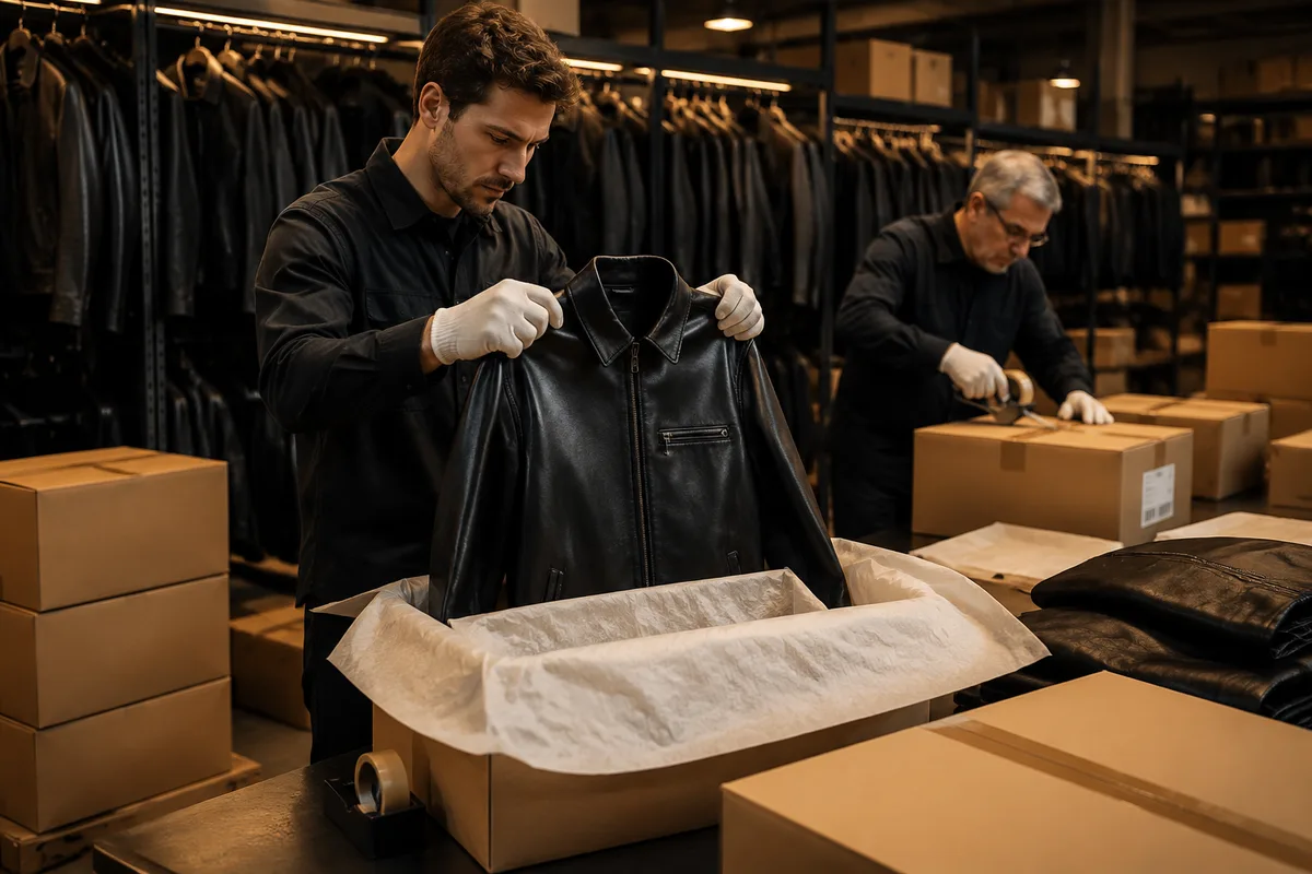 Leather garment inspection with export cartons representing QC, packing, and shipping