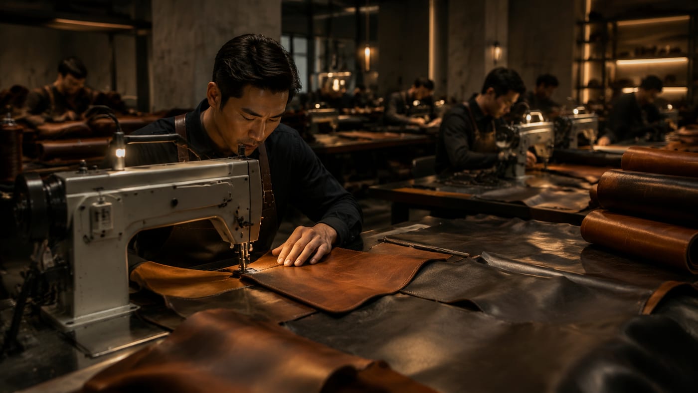 Hashbloom International leather cut, stitch, and finishing workflow with garment panels and branded sample