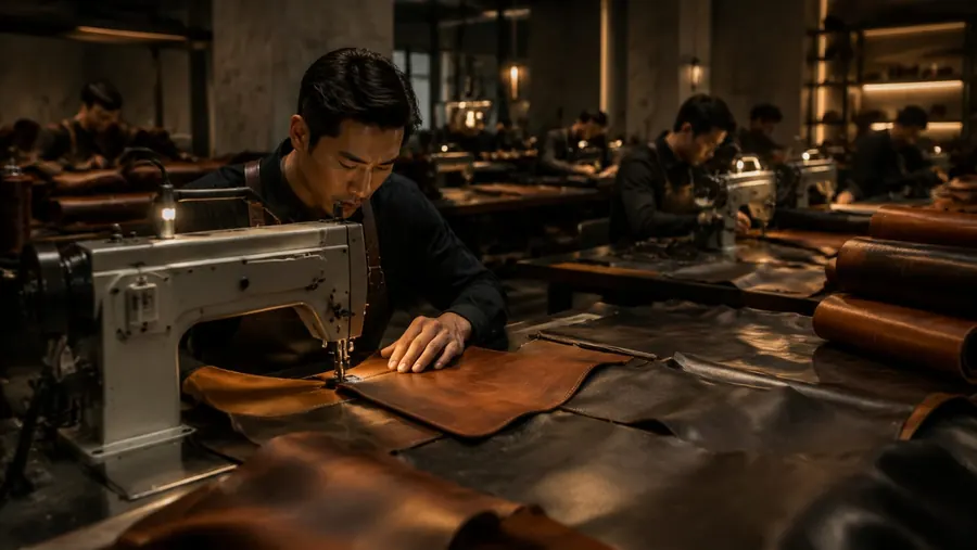 Hashbloom International leather cut, stitch, and finishing workflow with garment panels and branded sample