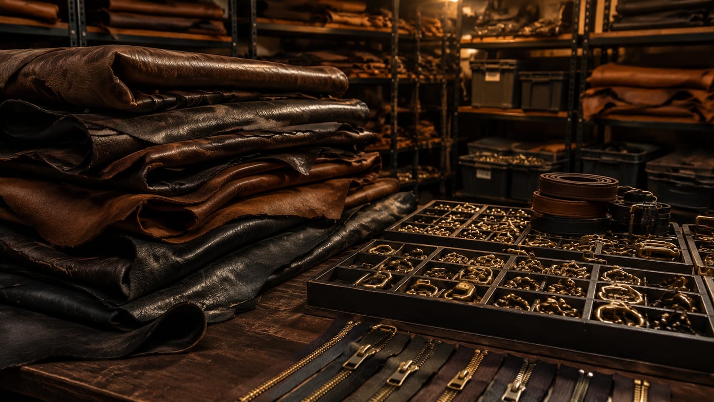 Hashbloom International leather and hardware sourcing table with hides, zippers, and branded swatches