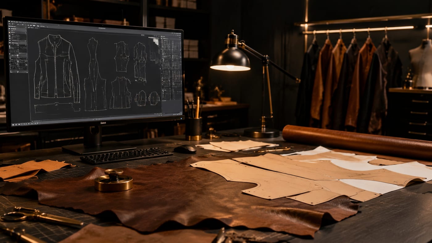 Hashbloom International leather pattern development table with branded spec sheets and jacket sample