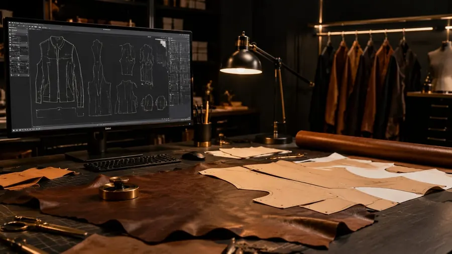 Hashbloom International leather pattern development table with branded spec sheets and jacket sample