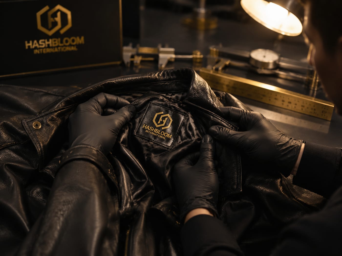 Hashbloom International leather quality-control workflow with branded labels, inspection checklist, carton, and measurement tools
