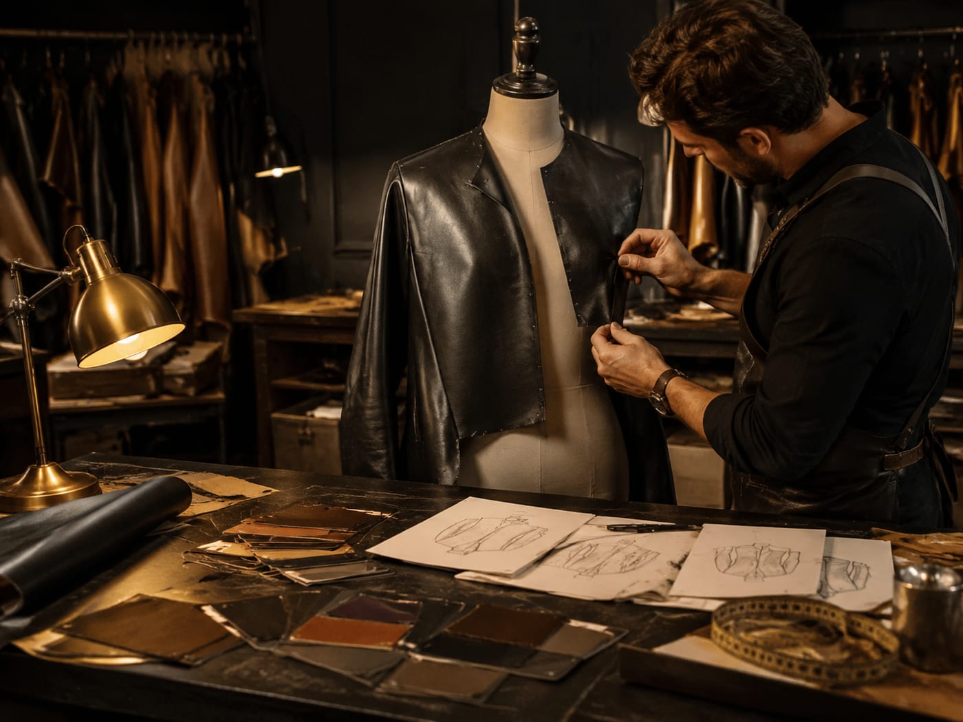 Hashbloom International leather sample-development table with jacket sample, hide swatches, size chart, and tech pack