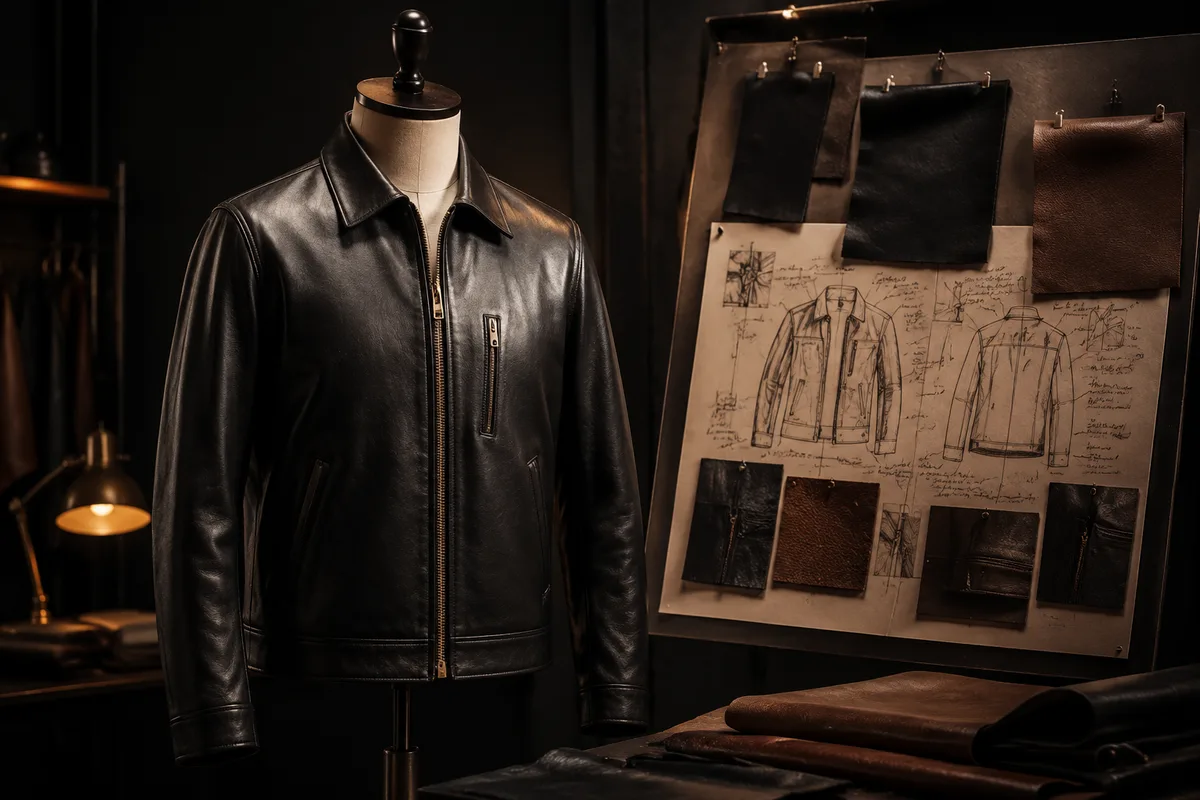 Illustration of a leather sample jacket with measuring tape and approval checkmark