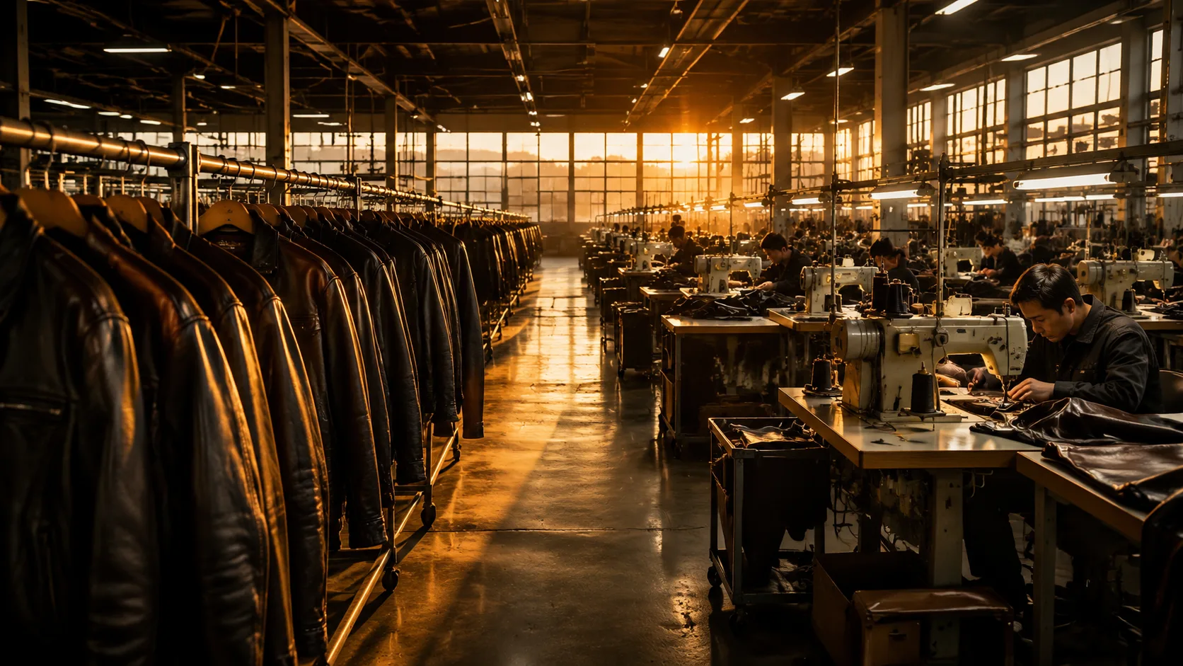 Cinematic wide view of a modern apparel factory floor in Sialkot with rows of sewing workstations under warm gold task lights