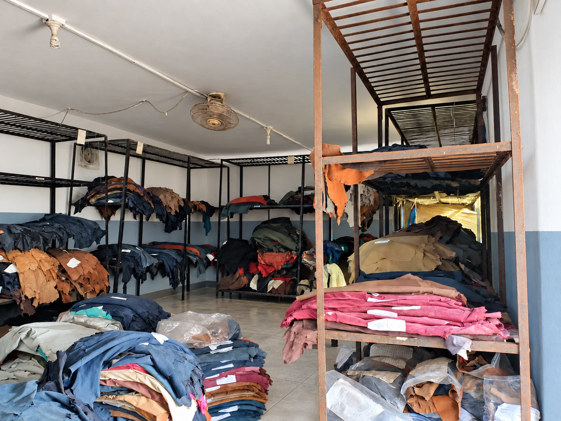 Organized leather stock prepared for garment production