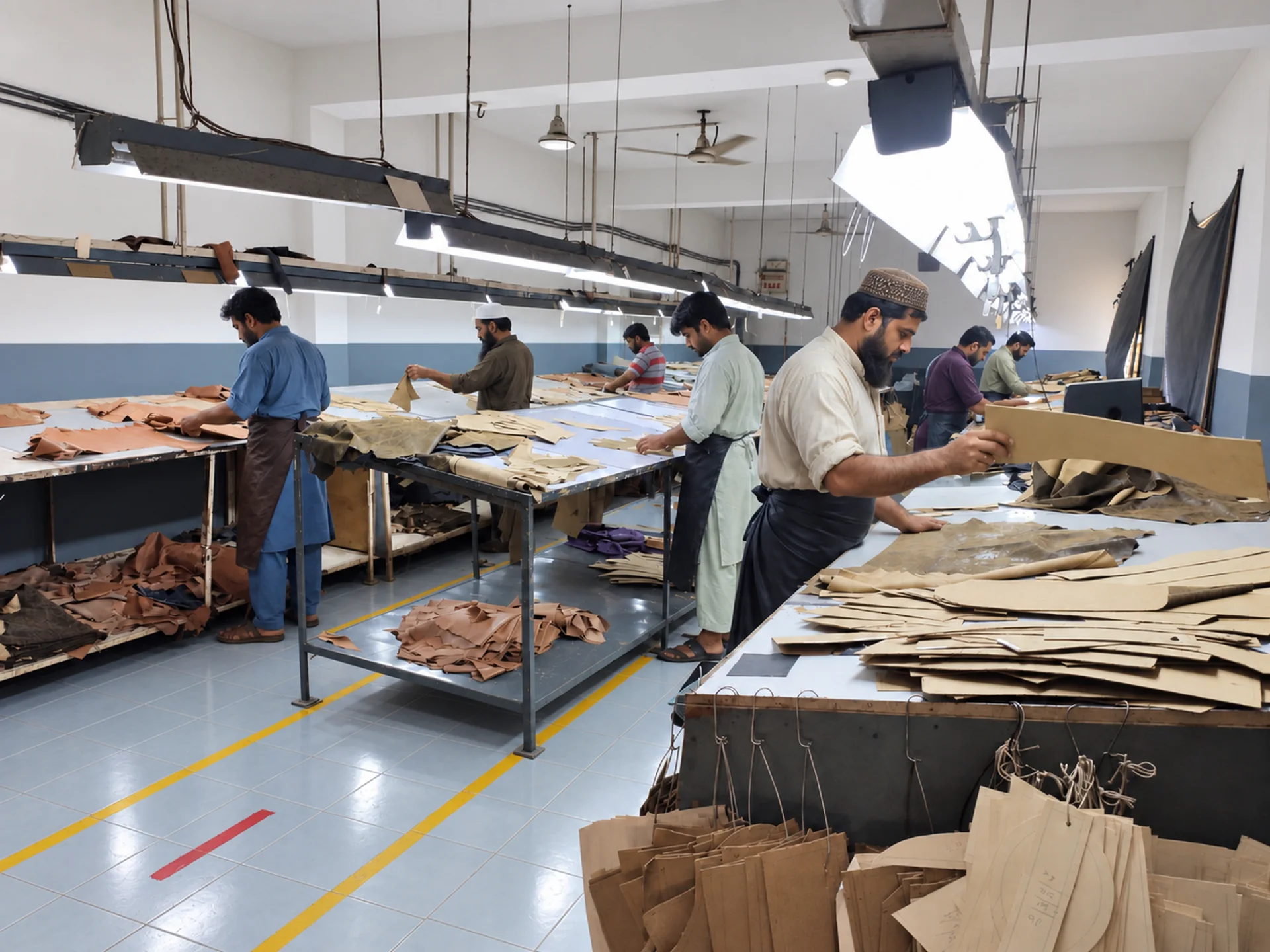 Pakistani leather pattern cutting team working from approved patterns