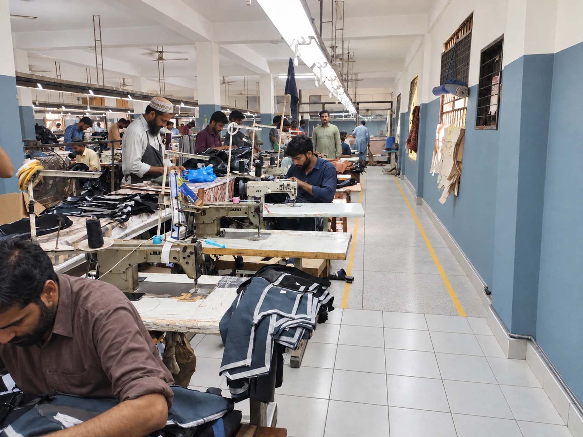 In-house leather garment stitching production floor