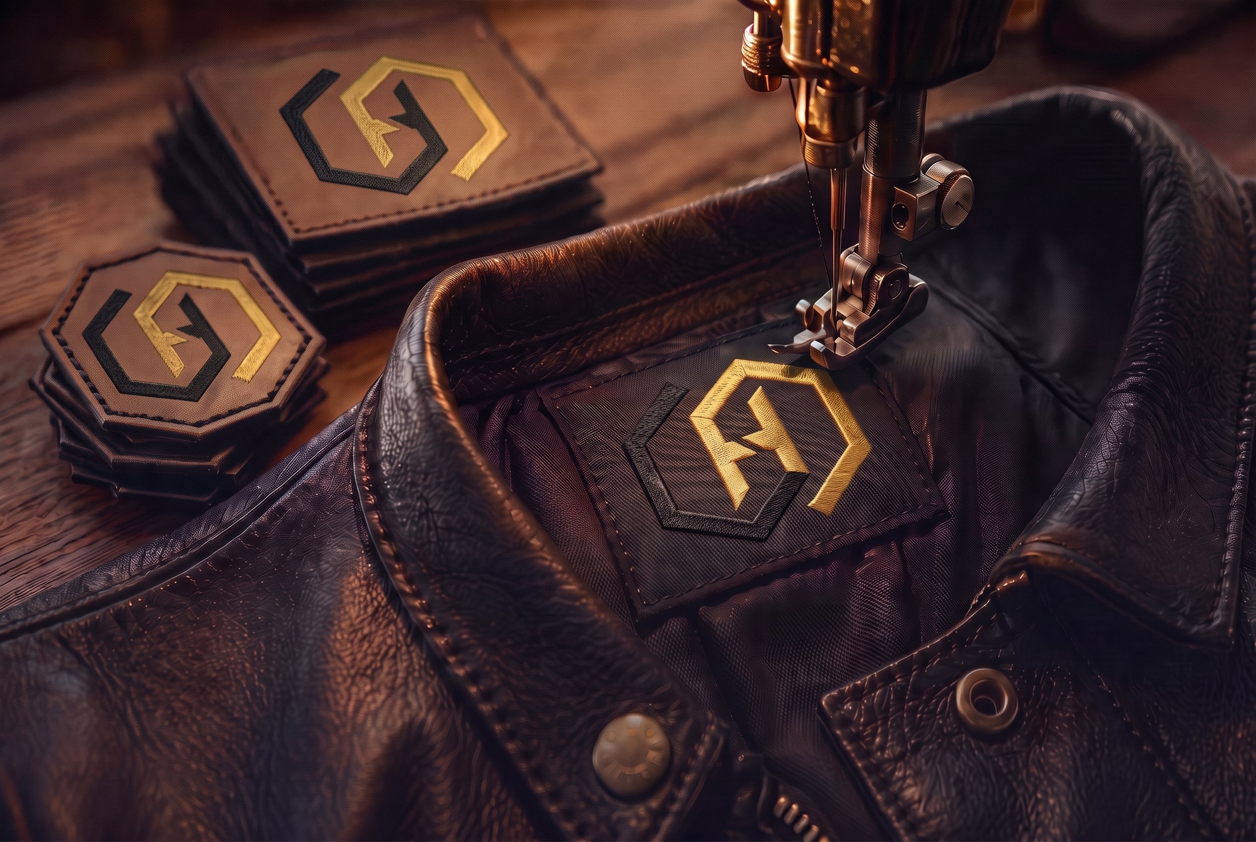 Hashbloom International leather embossing and brand finishing table with branded samples
