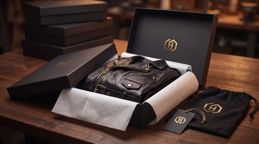 Hashbloom International private label leather packaging setup with branded hangtags, dust bags, and cartons