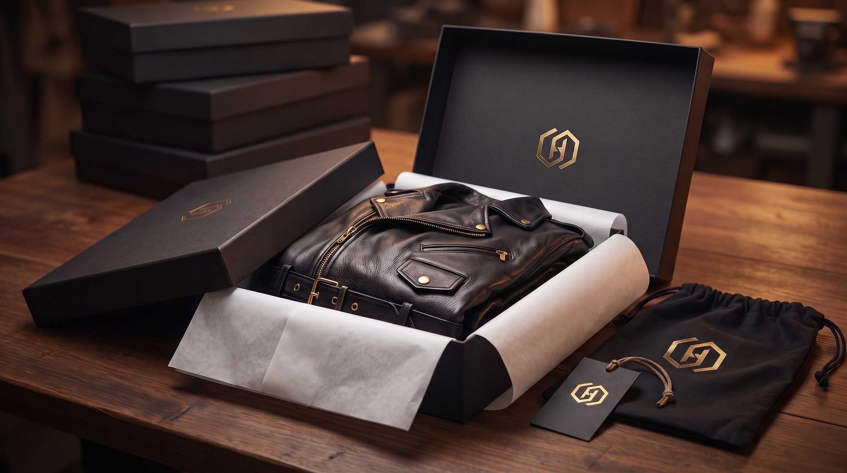 Hashbloom International private label leather packaging setup with branded hangtags, dust bags, and cartons