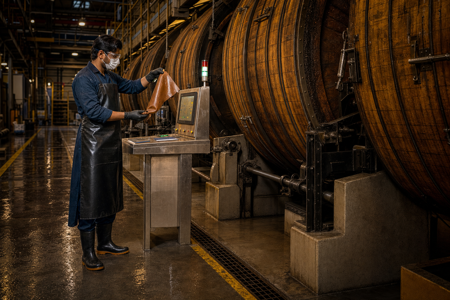 Technician monitoring industrial drums during leather tanning and dyeing