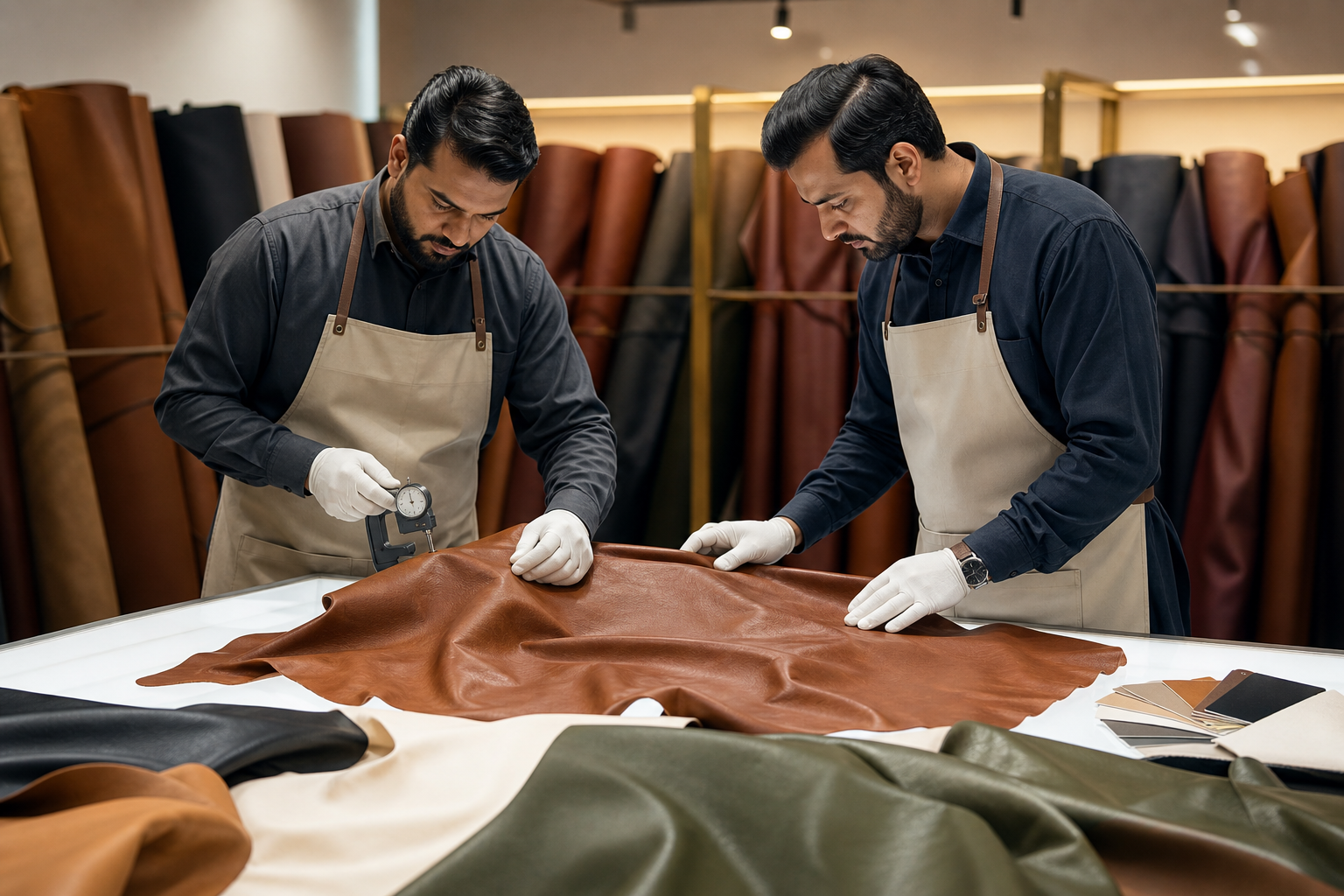 Quality technicians checking finished leather for thickness, grain, colour, and drape