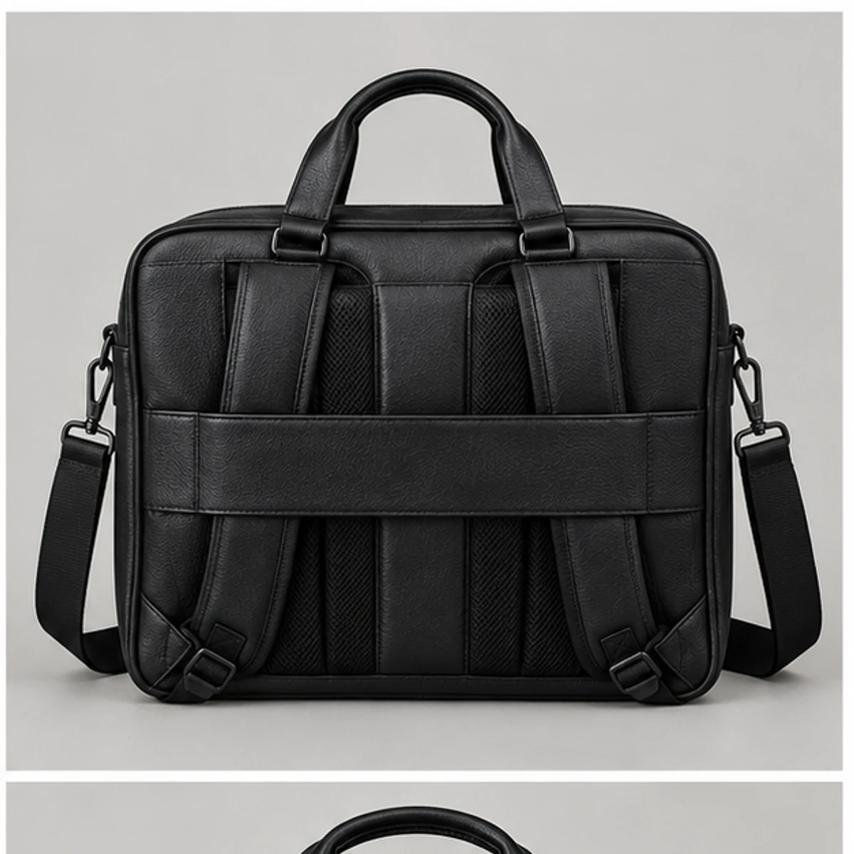 Black Convertible Leather Laptop Backpack Briefcase manufacturing detail 2
