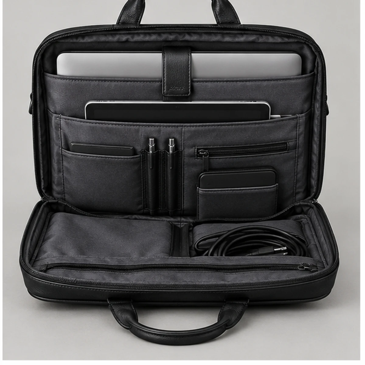 Black Convertible Leather Laptop Backpack Briefcase manufacturing detail 4
