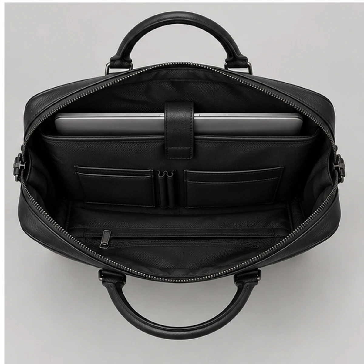 Black Slim Full-Grain Leather Laptop Briefcase manufacturing detail 4
