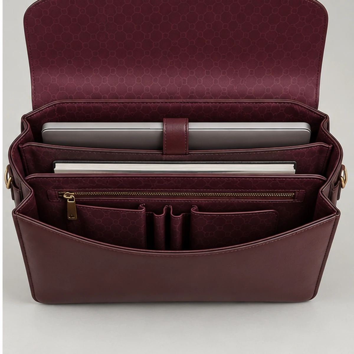 Burgundy Structured Leather Laptop Satchel manufacturing detail 4
