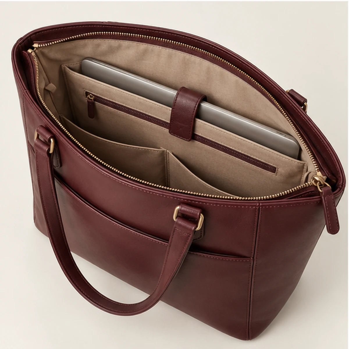 Burgundy Zip-Top Leather Commuter Tote manufacturing detail 3