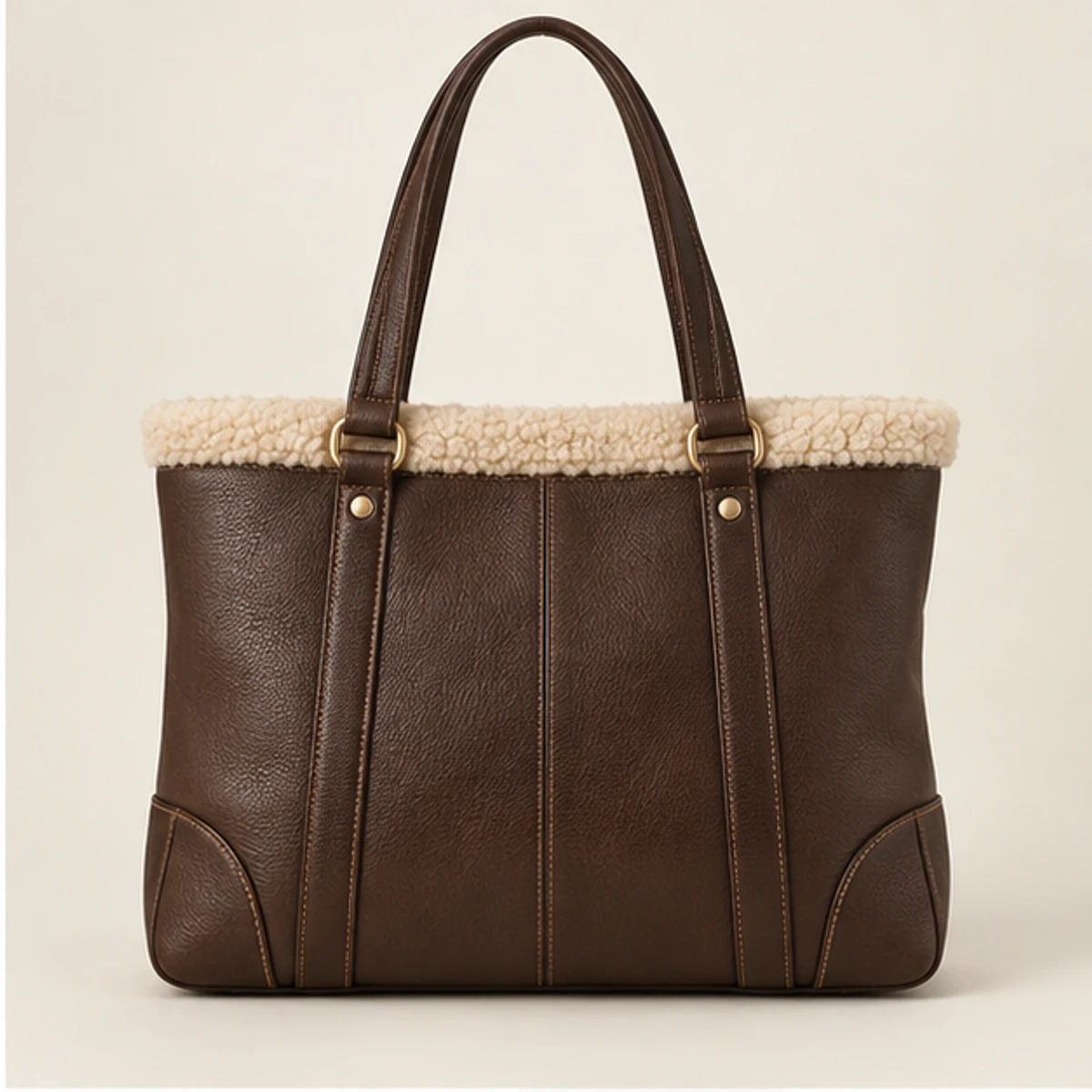 Chocolate Shearling-Trim Leather Winter Tote manufacturing detail 2