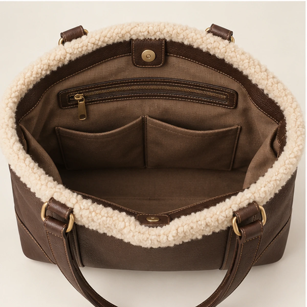 Chocolate Shearling-Trim Leather Winter Tote manufacturing detail 3