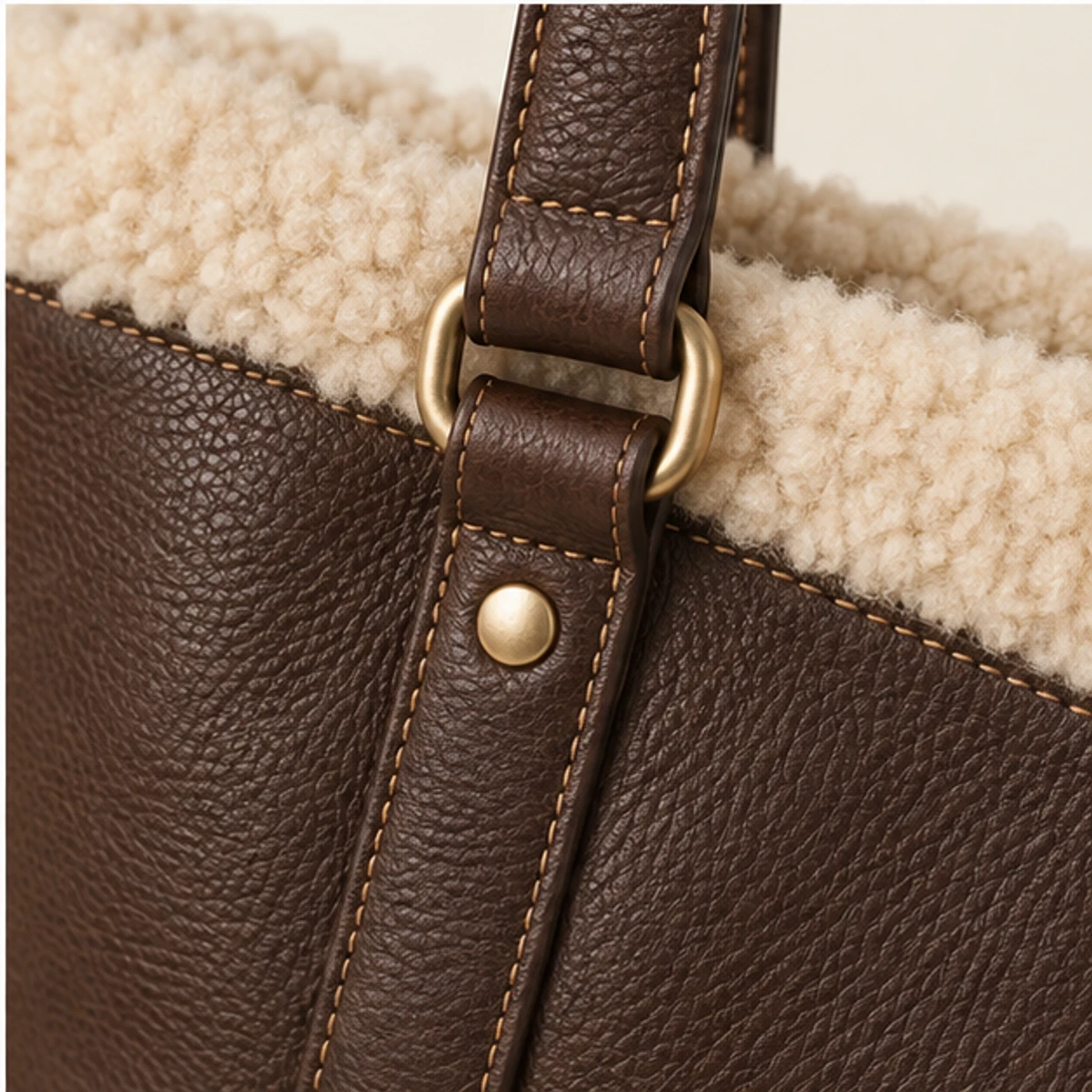 Chocolate Shearling-Trim Leather Winter Tote manufacturing detail 4