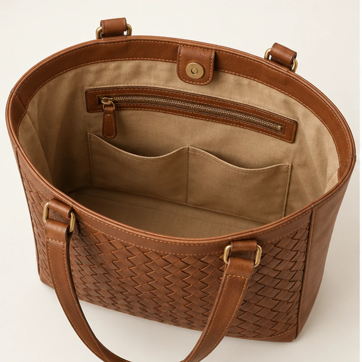 Cognac Woven-Panel Leather Shopper Tote manufacturing detail 3