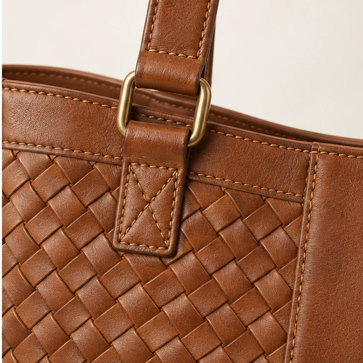 Cognac Woven-Panel Leather Shopper Tote manufacturing detail 4