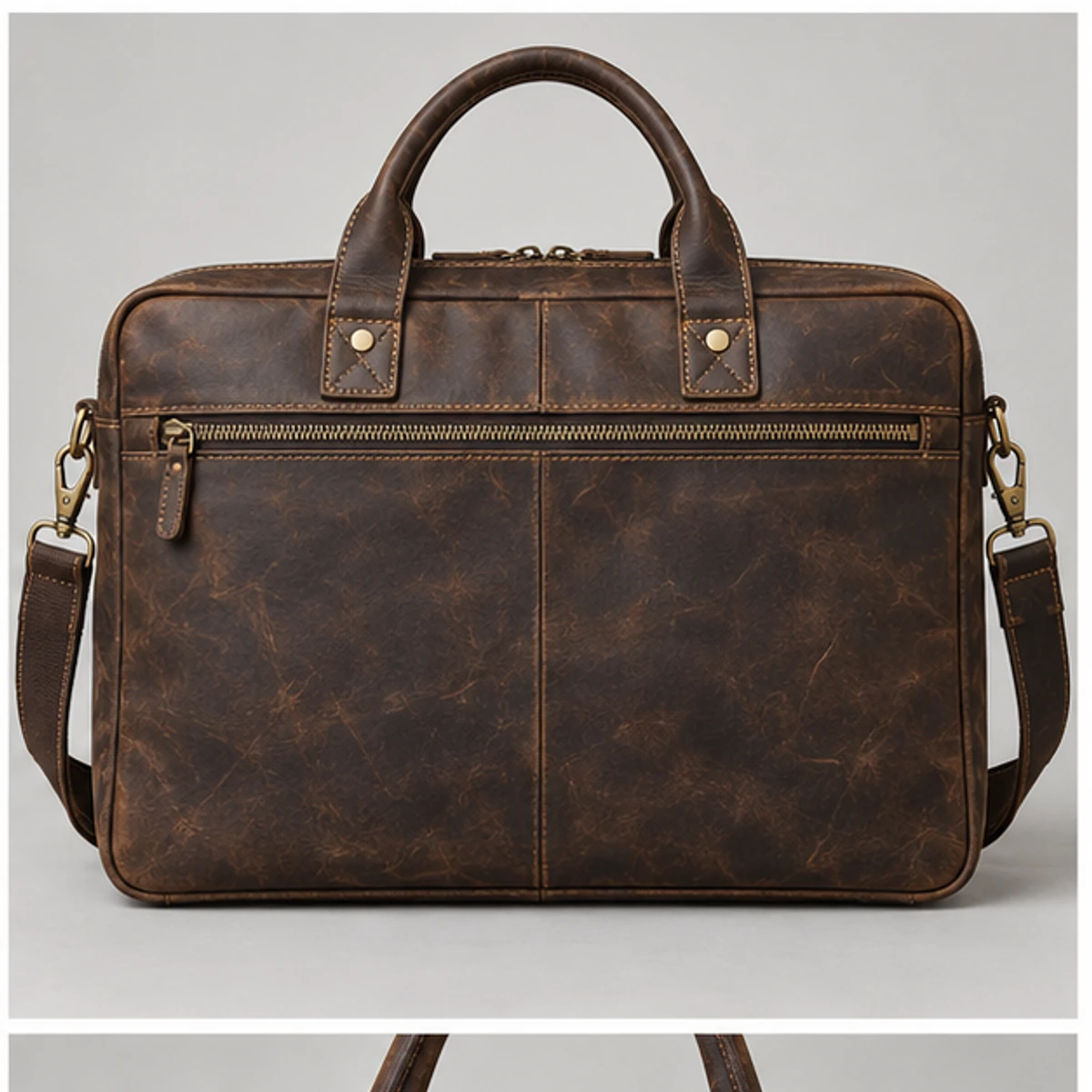Dark Brown Distressed 17-Inch Leather Laptop Briefcase manufacturing detail 2