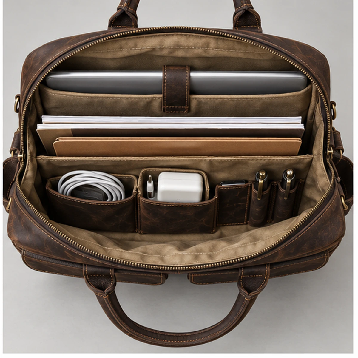 Dark Brown Distressed 17-Inch Leather Laptop Briefcase manufacturing detail 4