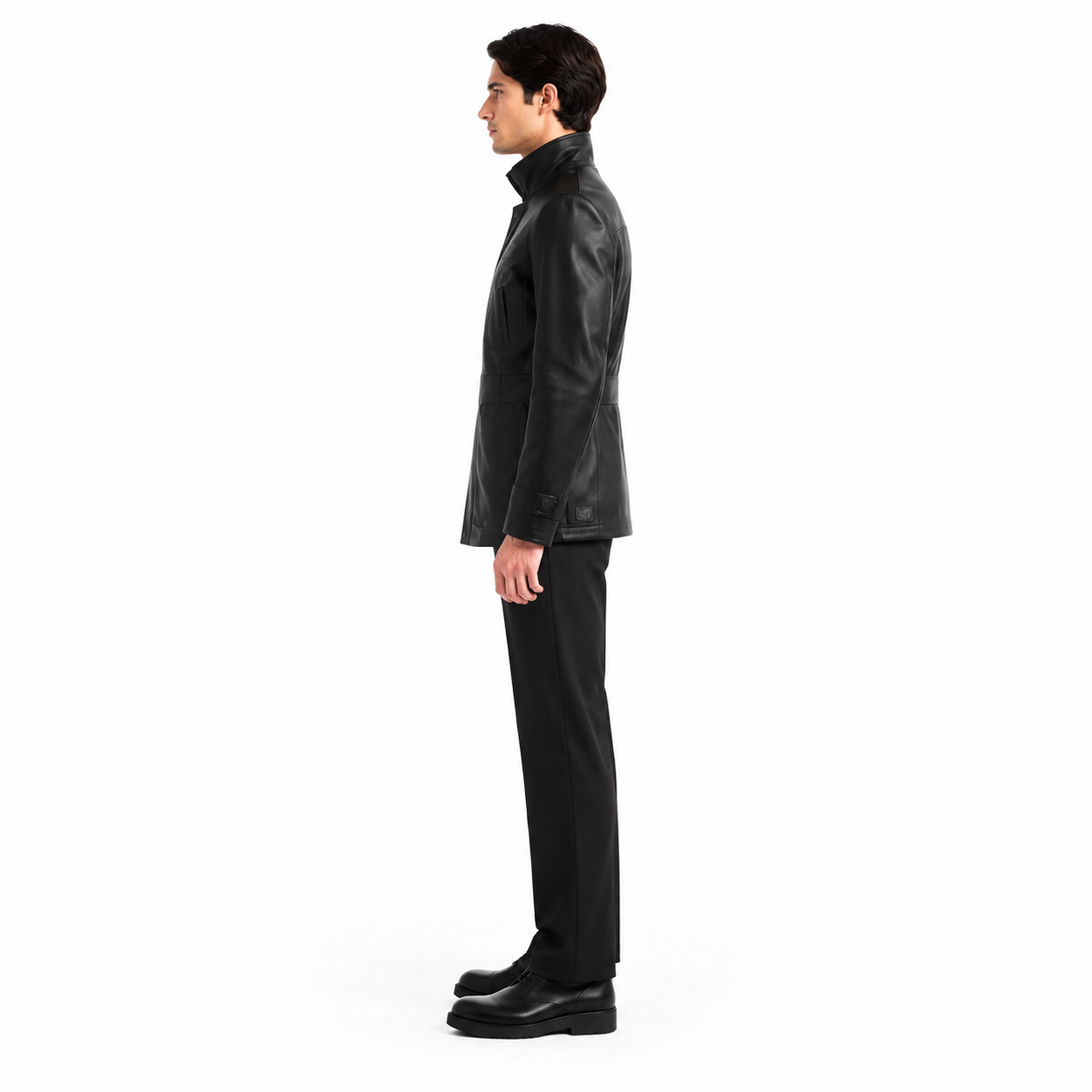 Men's Black Belted Leather Utility Field Jacket manufacturing detail 3