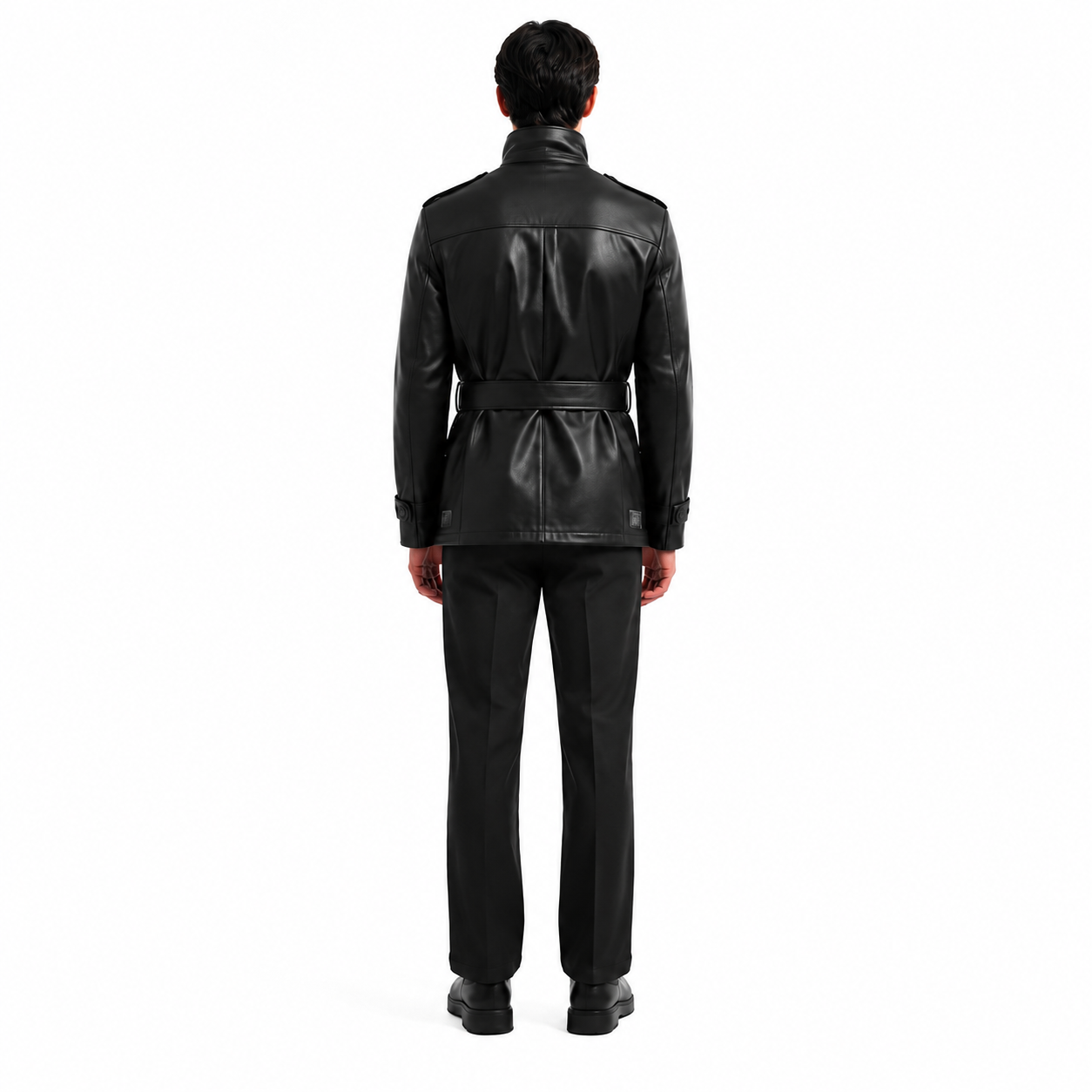 Men's Black Belted Leather Utility Field Jacket manufacturing detail 2