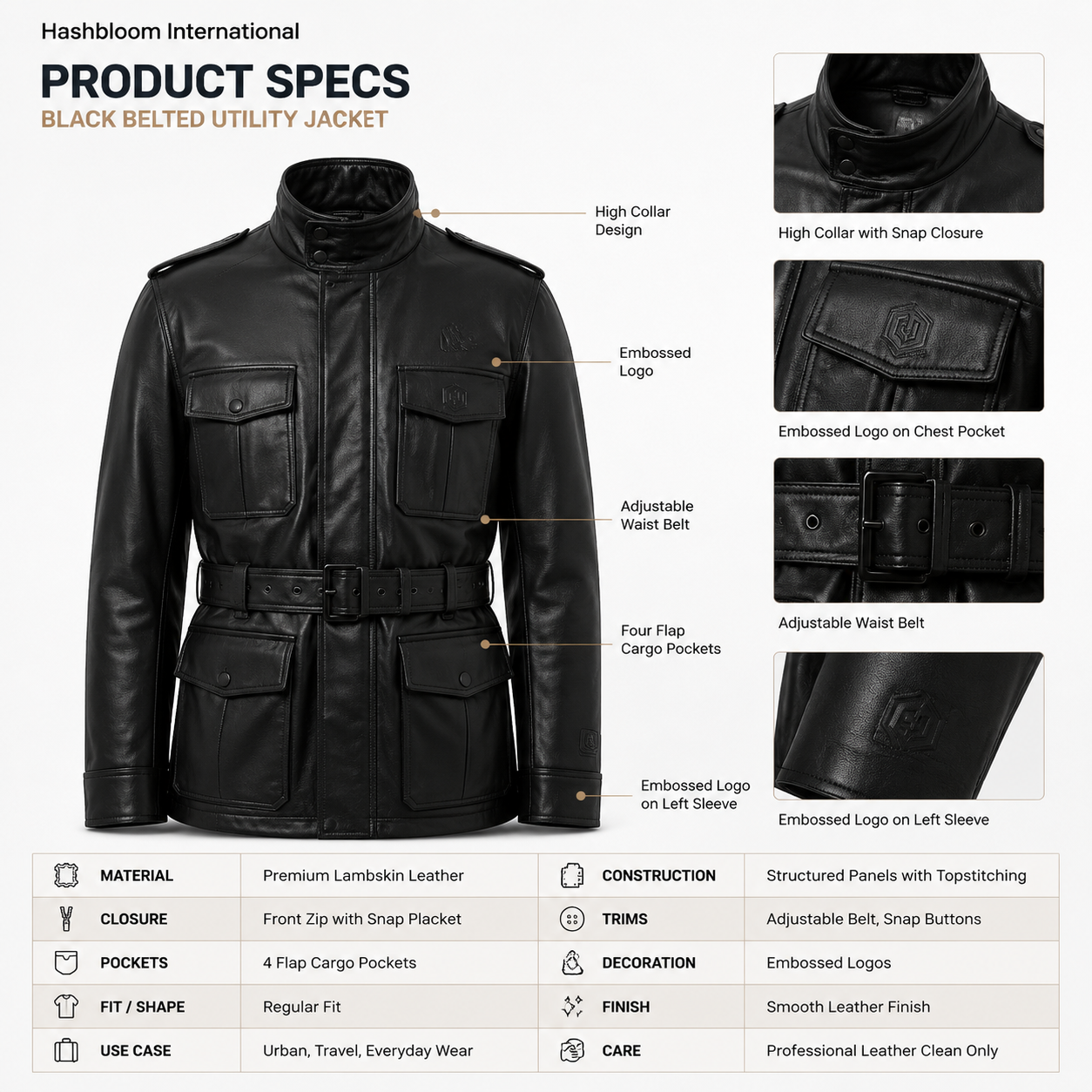 Men's Black Belted Leather Utility Field Jacket manufacturing detail 5