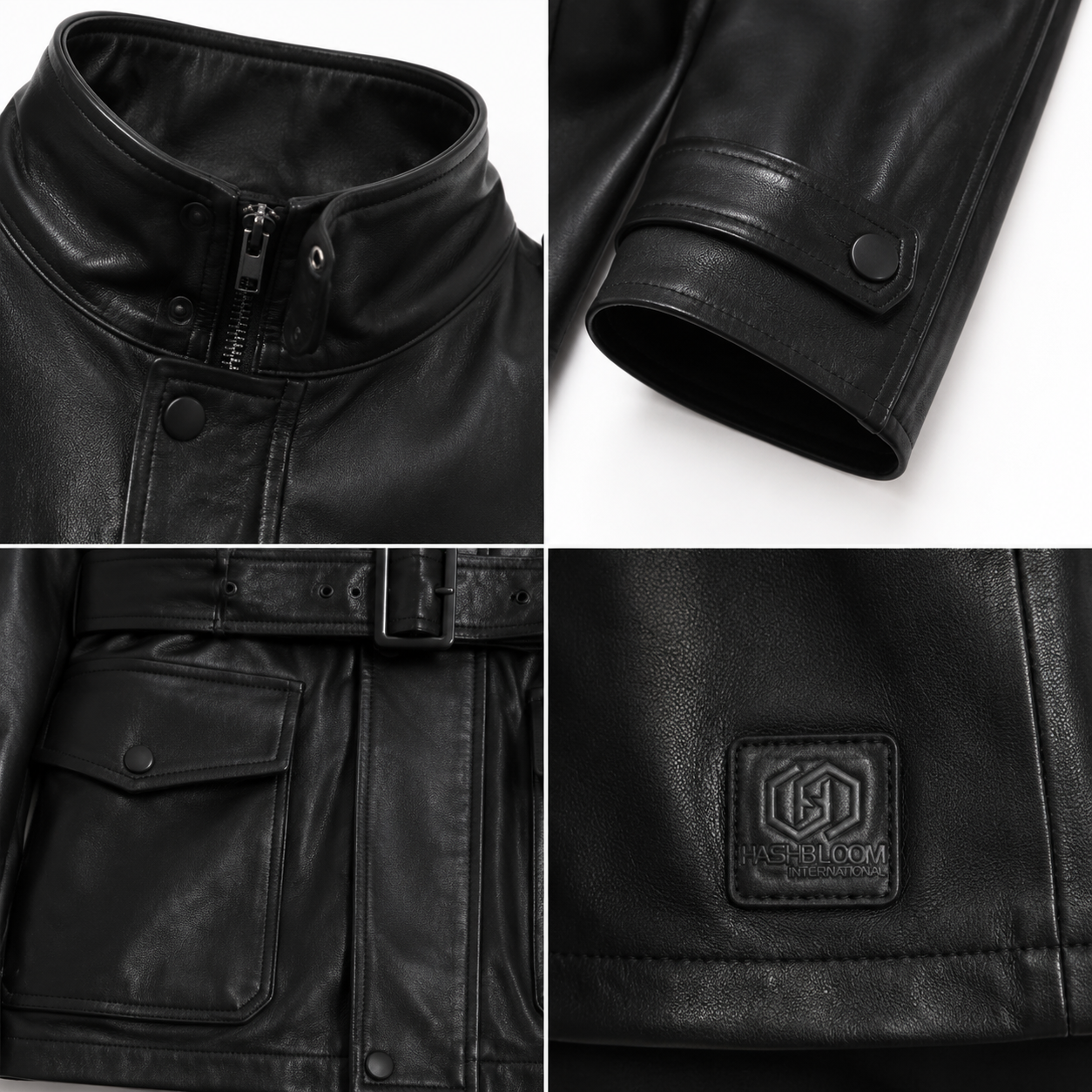 Men's Black Belted Leather Utility Field Jacket manufacturing detail 4