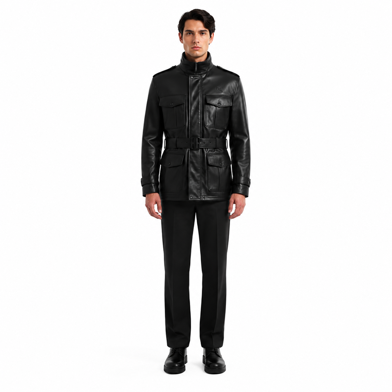Men's Black Belted Leather Utility Field Jacket - Custom Leather Manufacturer Sialkot Pakistan