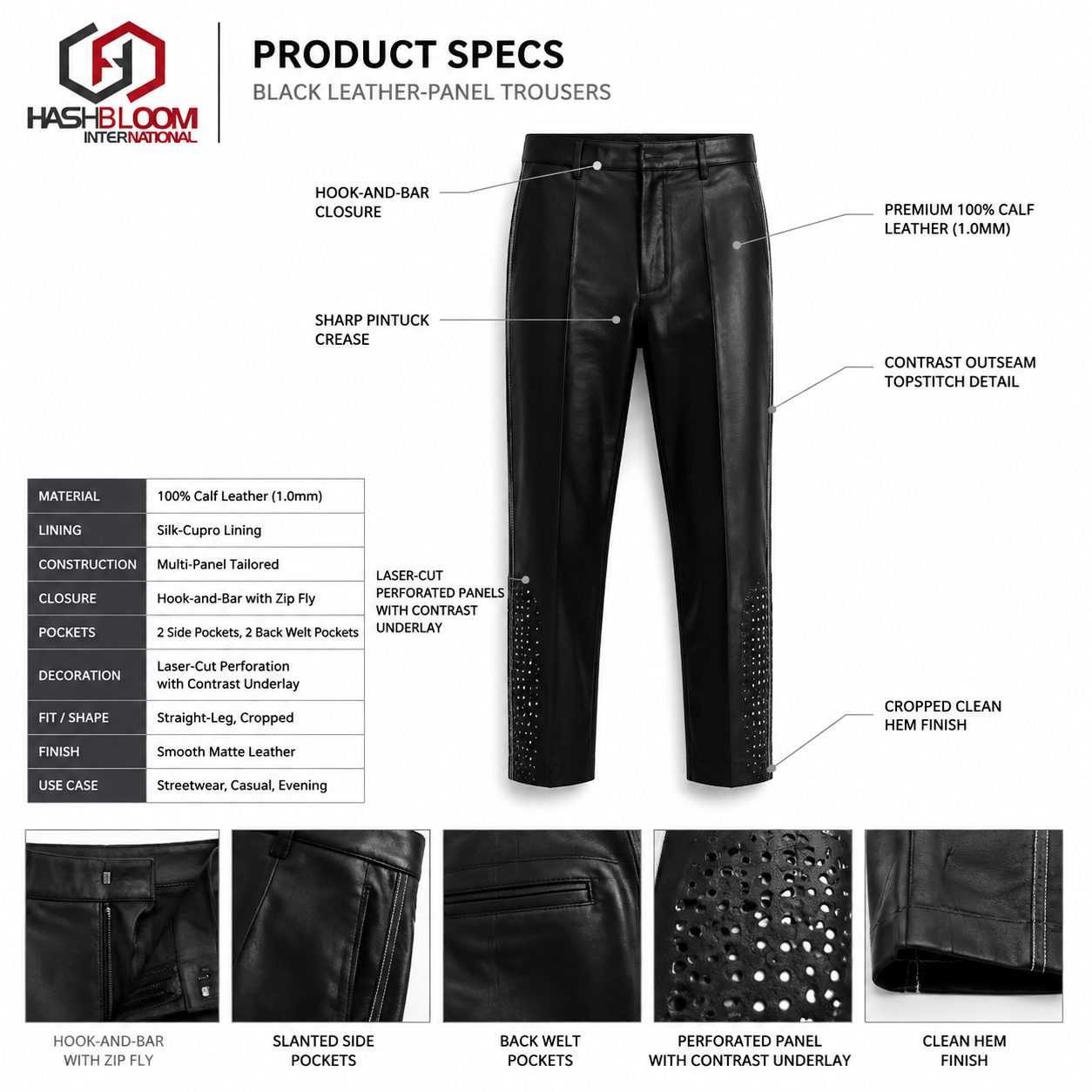 Men's Black Calf Leather Perforated-Panel Trousers manufacturing detail 5