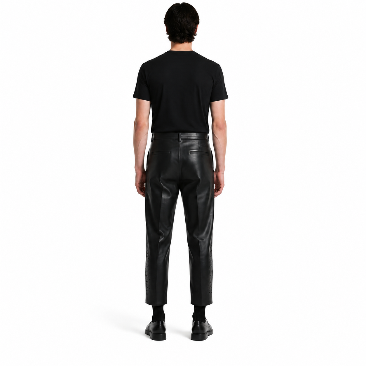 Men's Black Calf Leather Perforated-Panel Trousers manufacturing detail 2