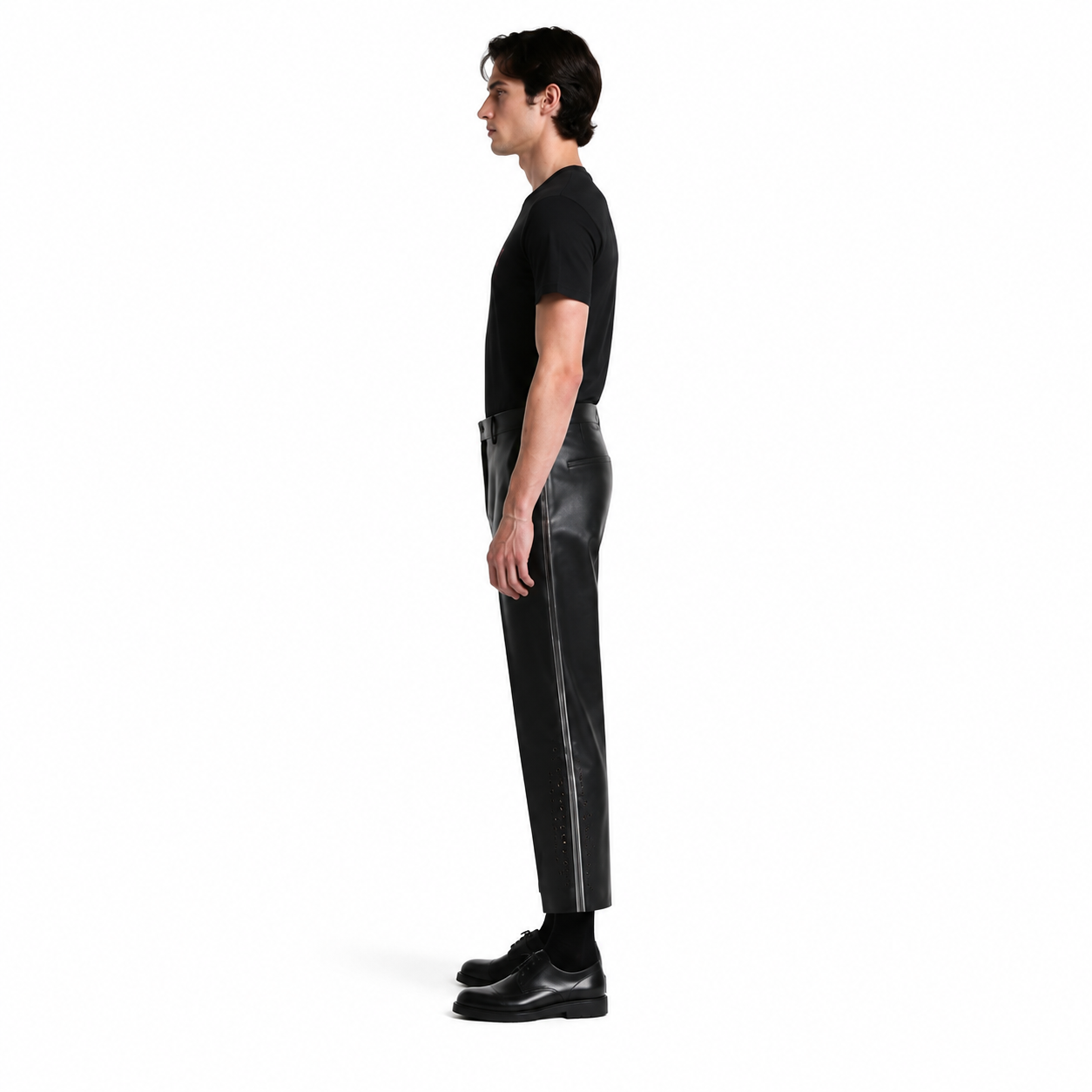 Men's Black Calf Leather Perforated-Panel Trousers manufacturing detail 3