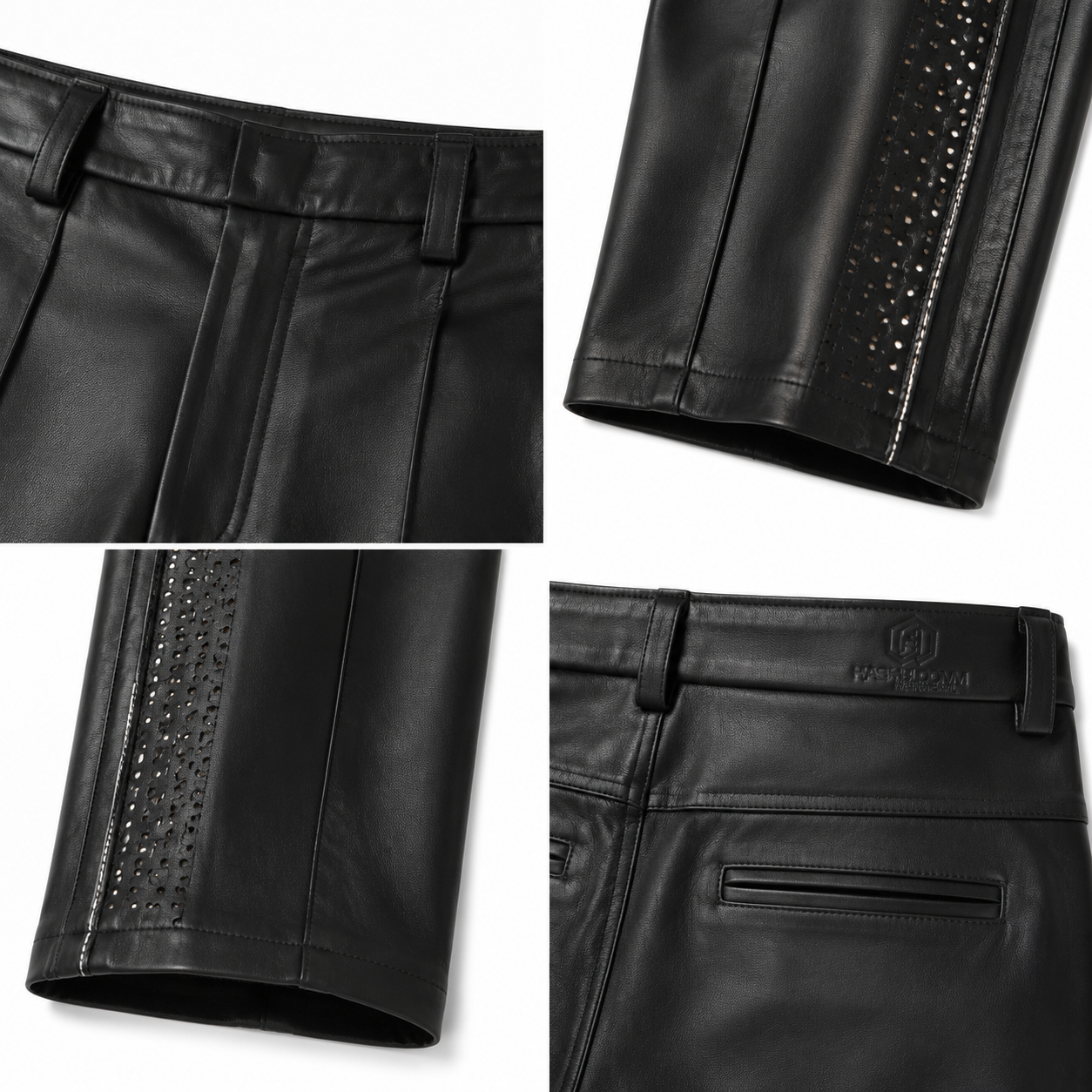 Men's Black Calf Leather Perforated-Panel Trousers manufacturing detail 4