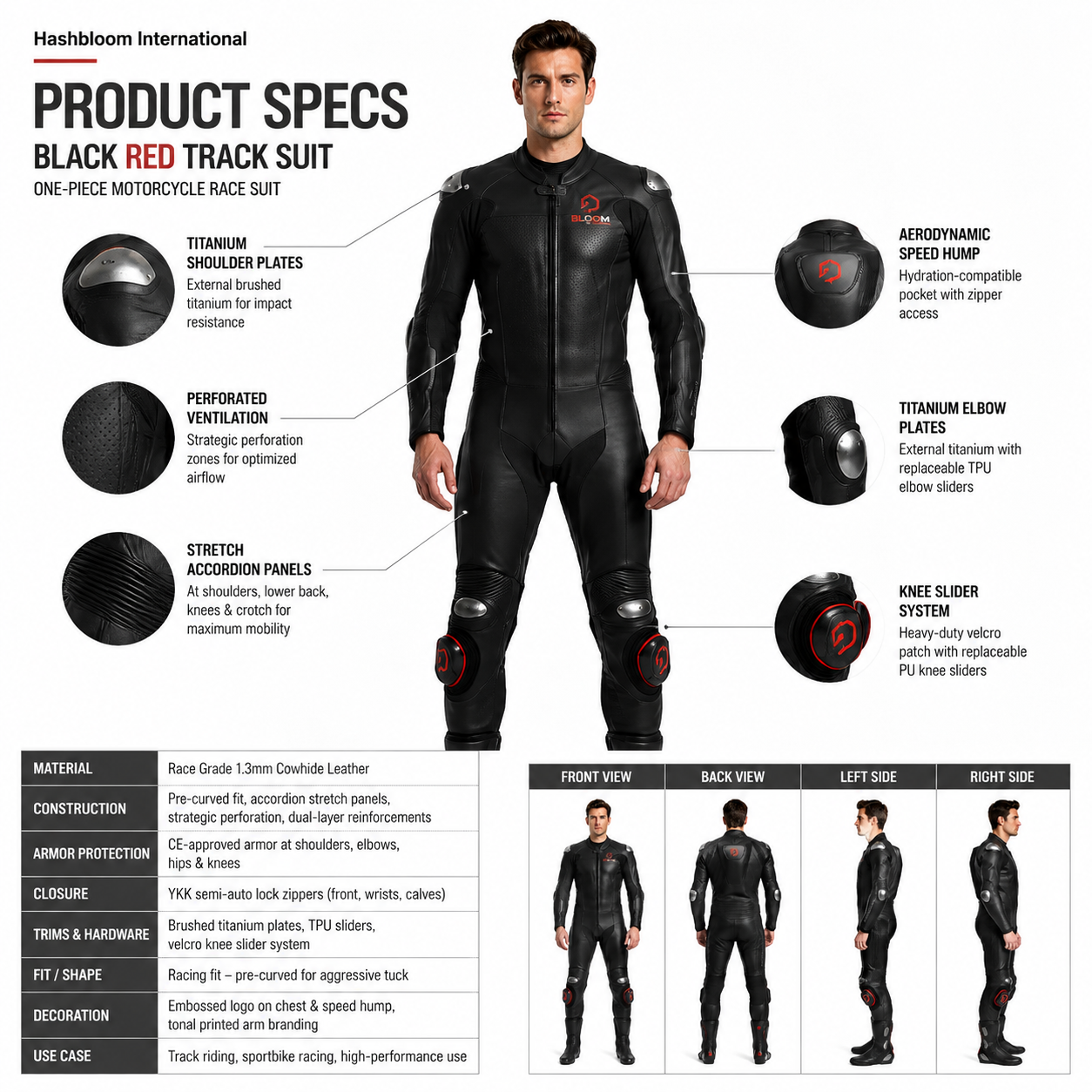 Men's Black Cowhide One-Piece Motorcycle Racing Suit manufacturing detail 5