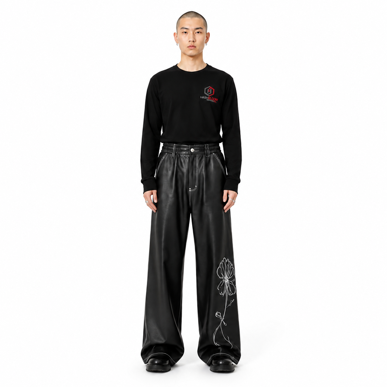 Men's Black Floral Wide-Leg Calf Leather Trousers - Custom Leather Manufacturer Sialkot Pakistan