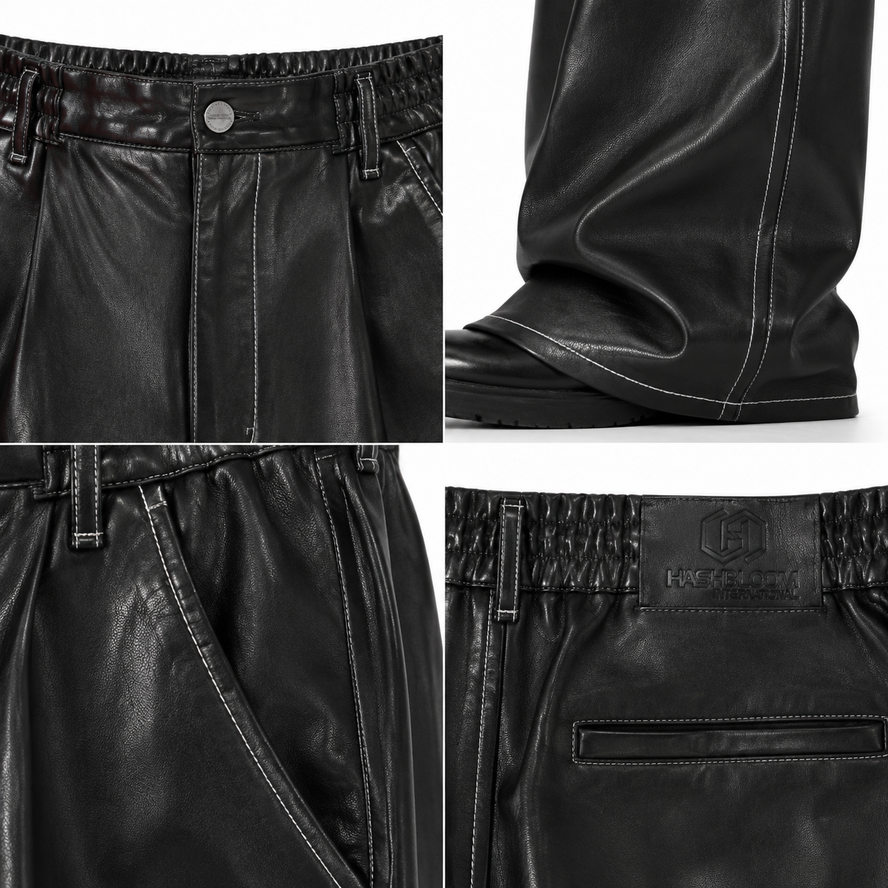 Men's Black Floral Wide-Leg Calf Leather Trousers manufacturing detail 4