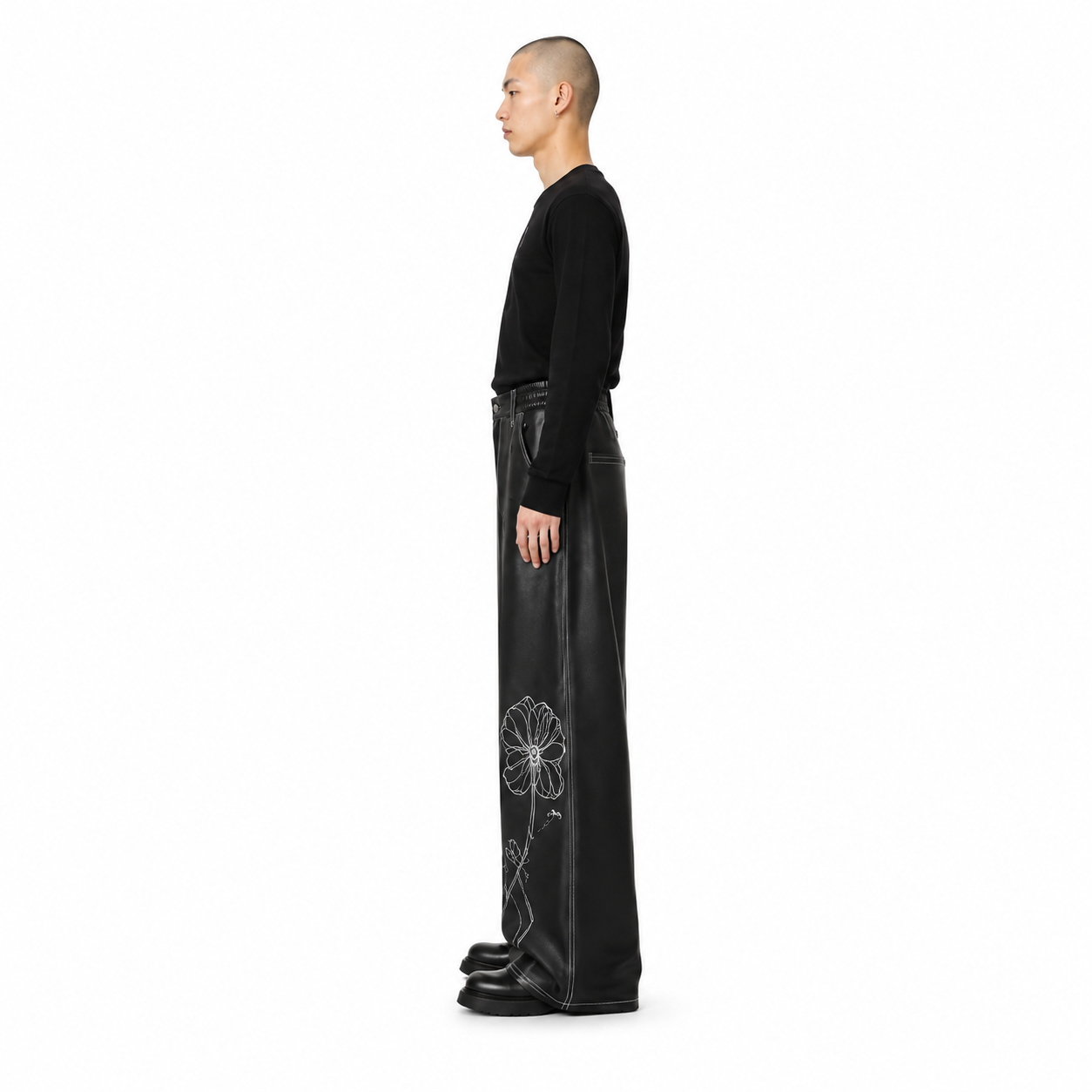 Men's Black Floral Wide-Leg Calf Leather Trousers manufacturing detail 3