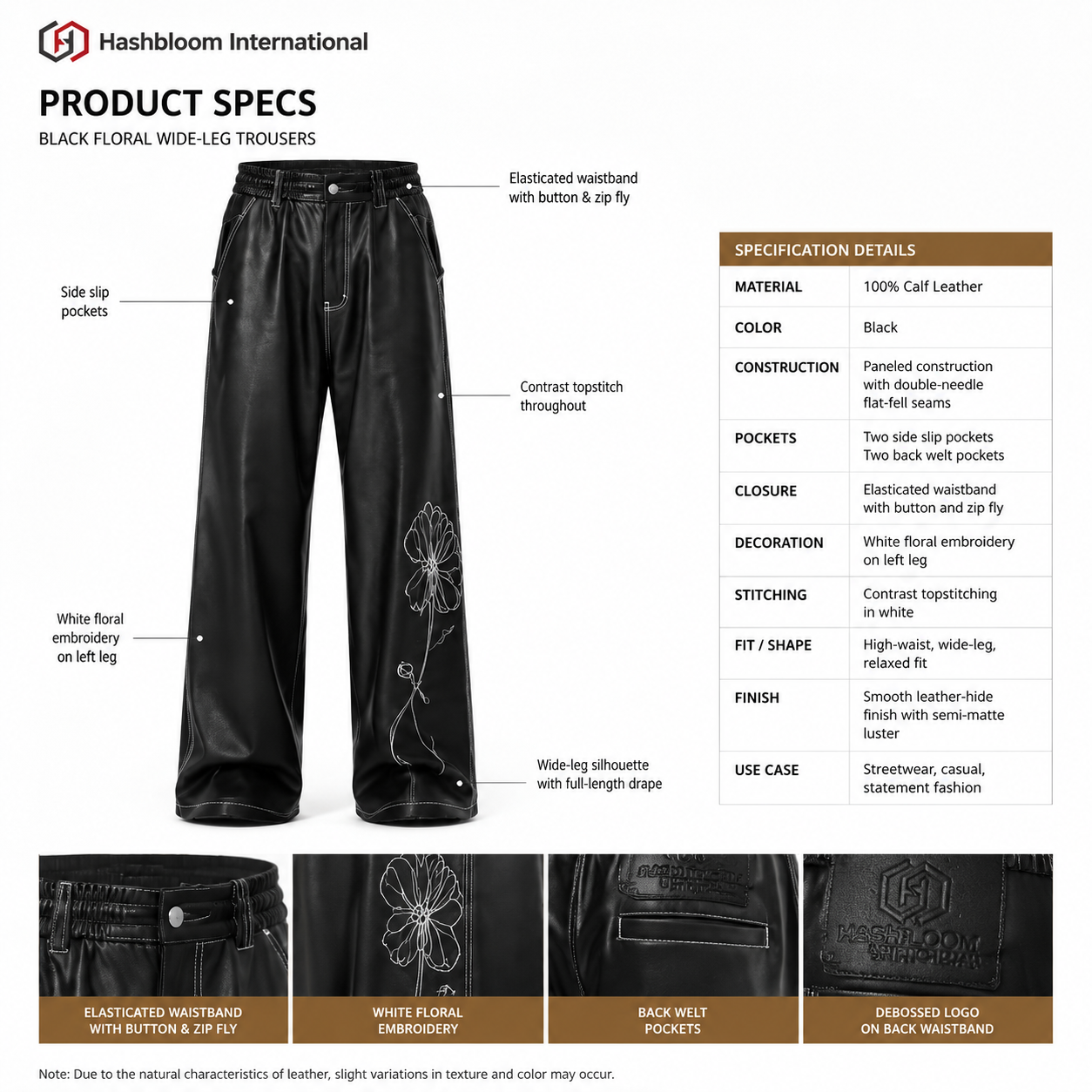 Men's Black Floral Wide-Leg Calf Leather Trousers manufacturing detail 5
