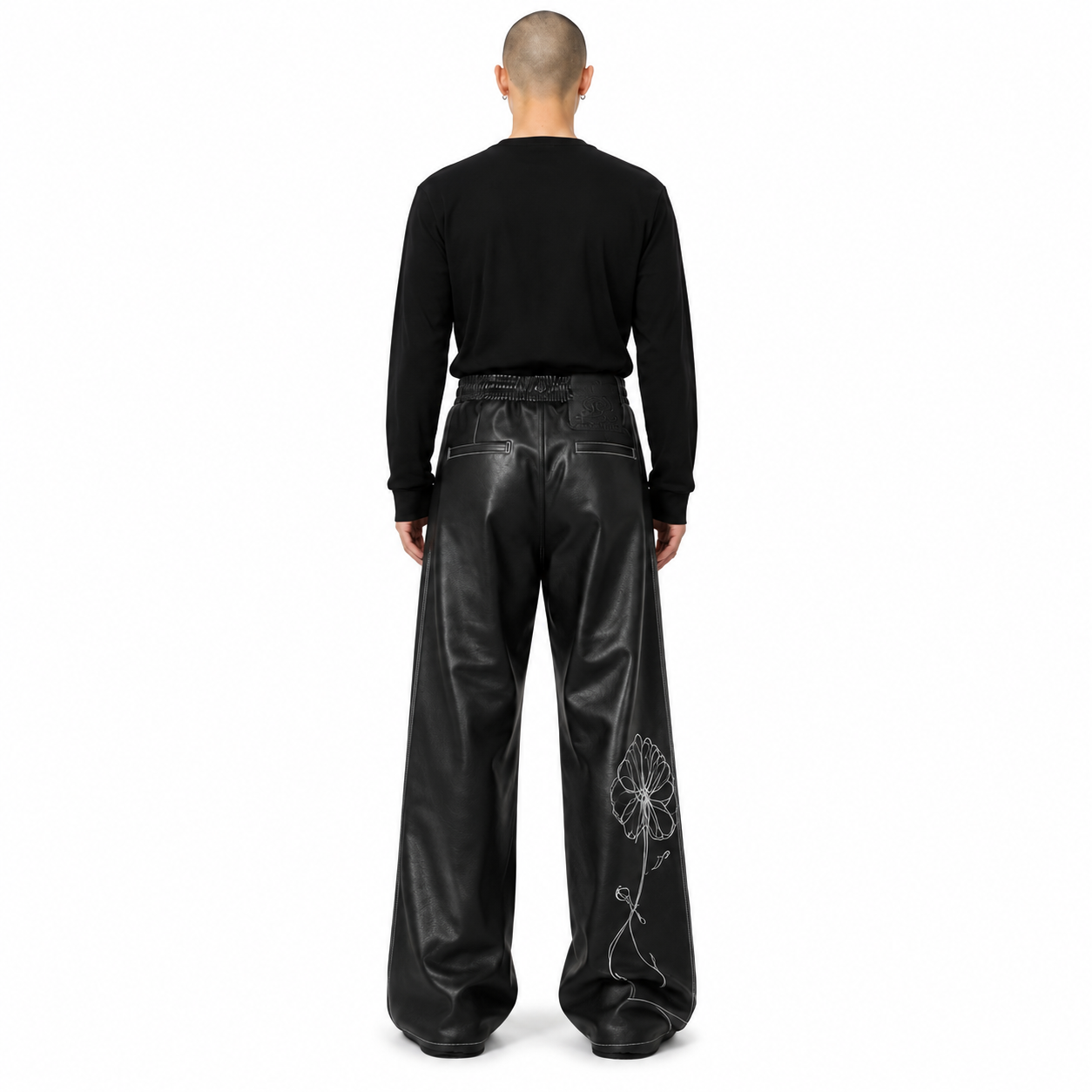 Men's Black Floral Wide-Leg Calf Leather Trousers manufacturing detail 2