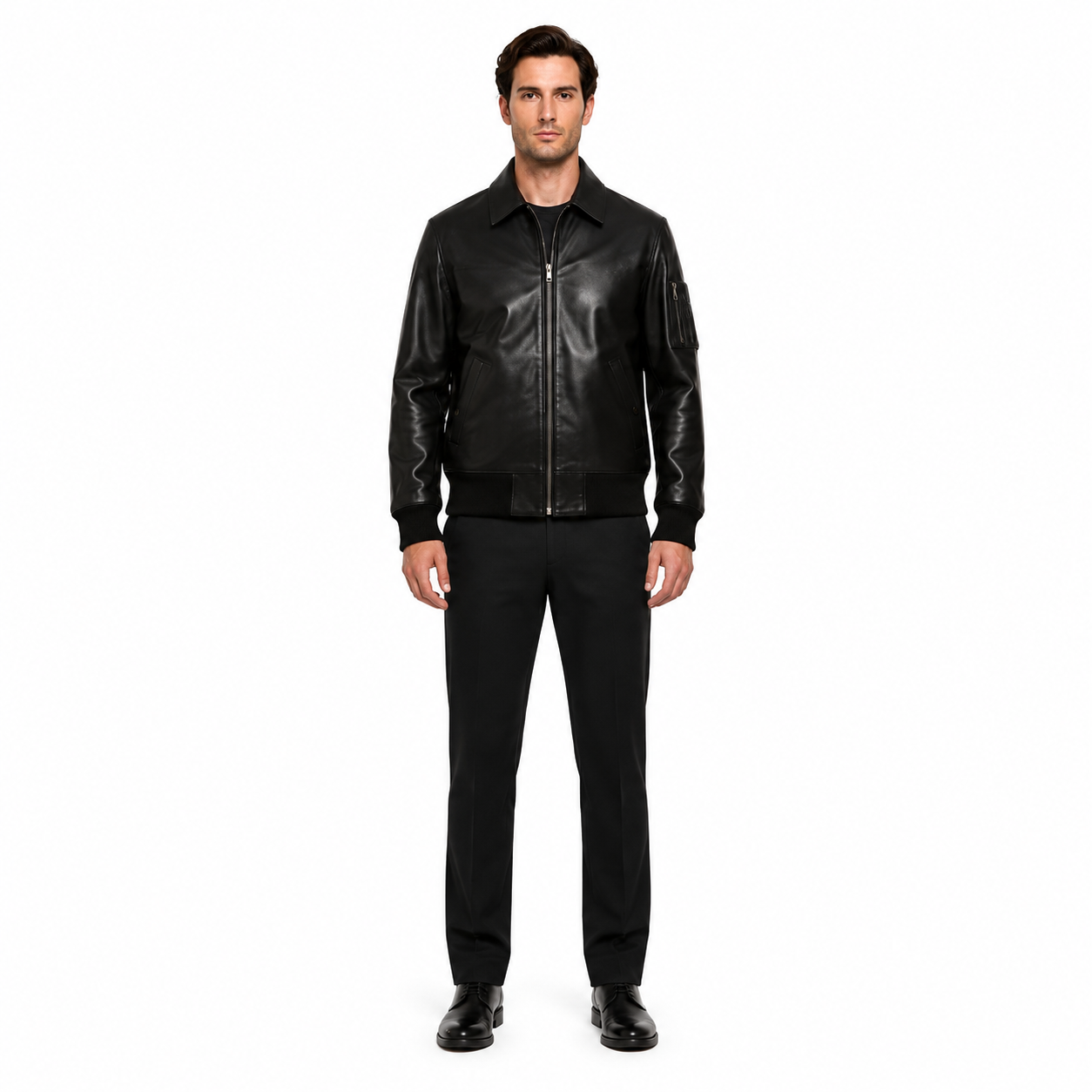 Men's Black Full-Grain Cowhide Shirt Collar Jacket - Custom Leather Manufacturer Sialkot Pakistan